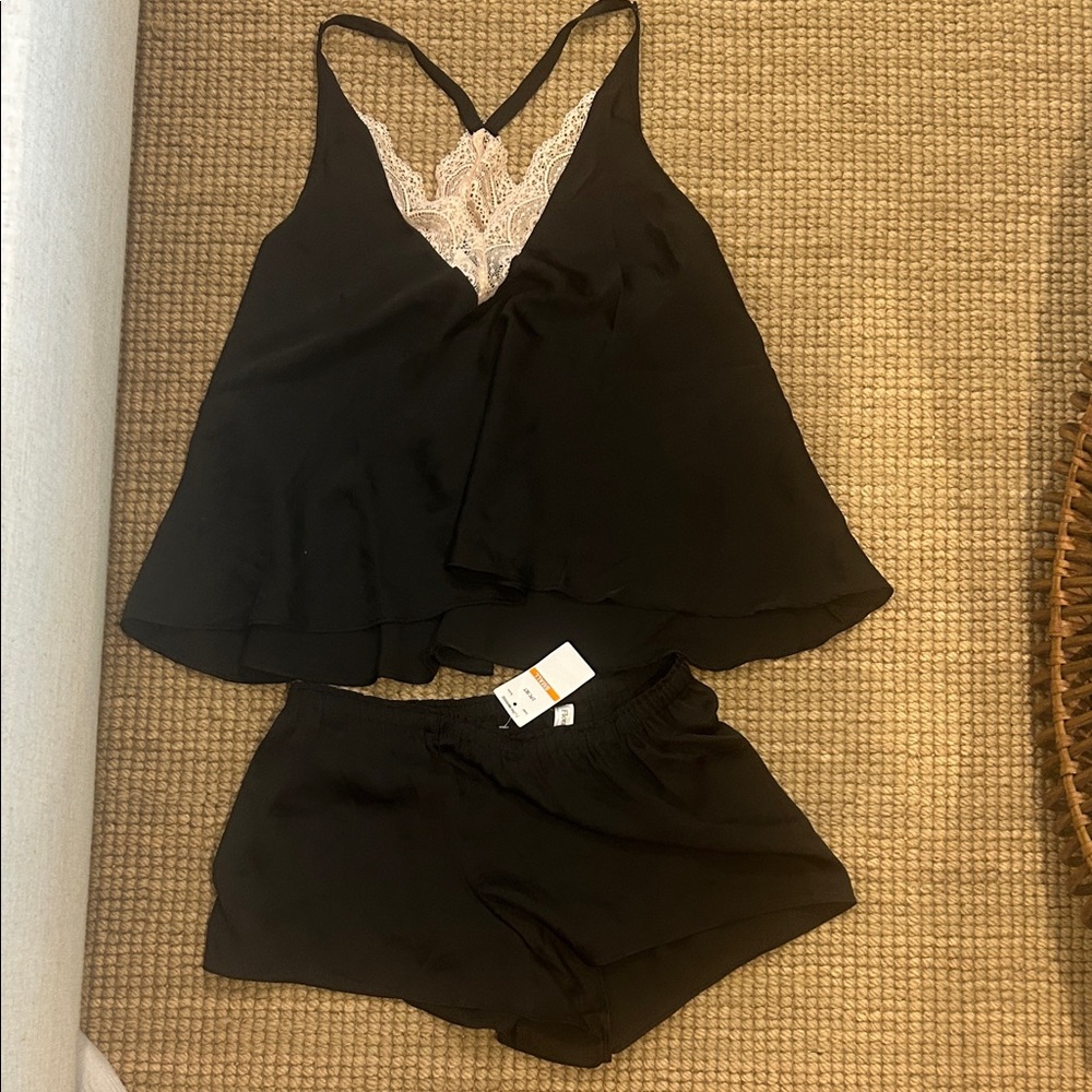 Flora Nikrooz Black Sleep Cami & Shorts with Cream Lace Trim